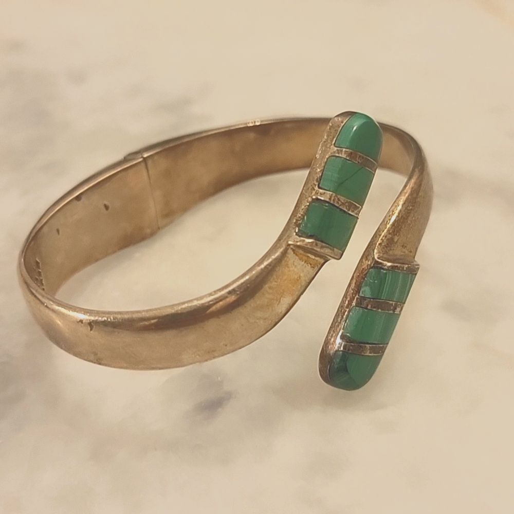 Signed Vintage Mexico Taxco Malachite 925 Sterling Silver Bangle Bracelet Cuff - Picture 3 of 12
